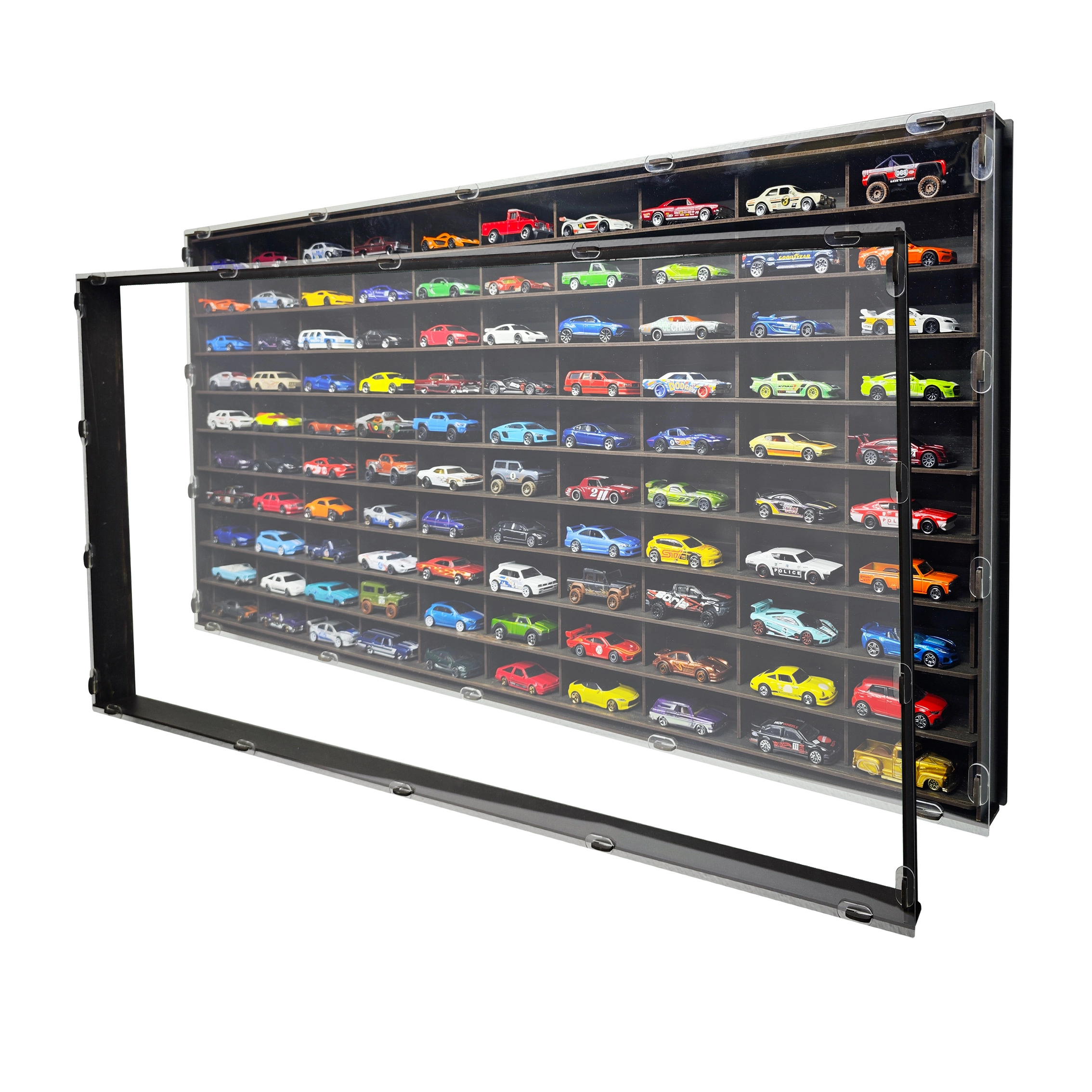 Kapaklı Yatay Hobi Araba Rafı Eskitme Siyah Renk (100 Araçlık)